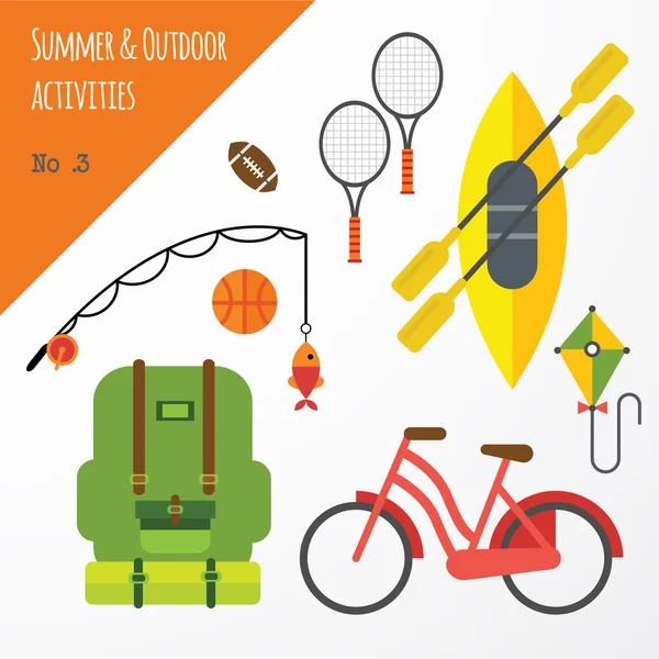 Summer outdoor activities sport equipment flat icons collection with tennis rackets and bicycle abstract isolated — Stock Vector