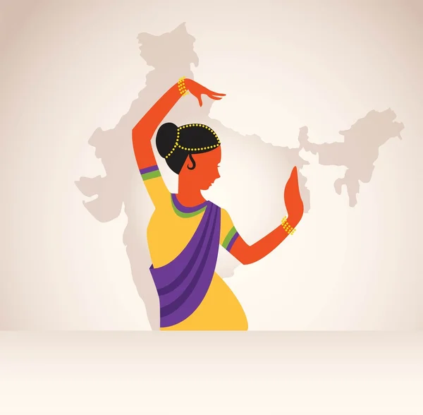 Chica india vestida con ropa tradicional bailando danza. India mapa fondo — Vector de stock