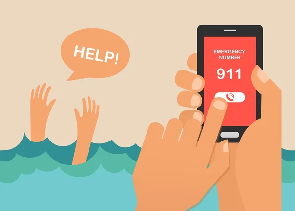 Um homem a afogar-se a gritar por ajuda. mãos pressione o número de emergência 911 em um telefone celular — Vetor de Stock