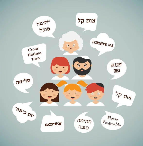 Miembros de la familia diciendo saludo tradicional para yom kippur en hebreo. Vacaciones judías . — Vector de stock