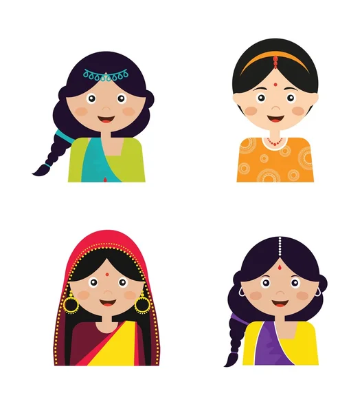 Ilustracja twarzy Indian dziewcząt w kolorowych Sari — Wektor stockowy