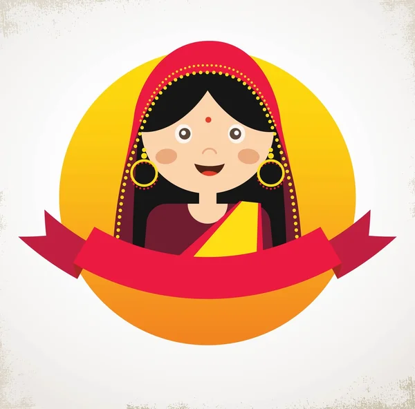 Ilustración de la cara de una chica india en sari colorido — Vector de stock