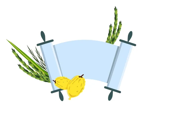 Vacaciones judías Sukkot. Torá con Lulav,, Etrog, Arava y Hadas. Cuatro especies símbolos fecha palma, citrón, sauce, mirto — Archivo Imágenes Vectoriales