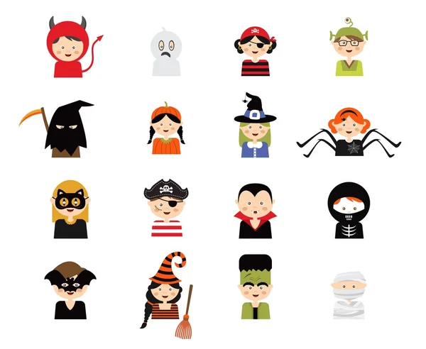 Conjunto de 16 personajes de disfraces de Halloween y niños, ilustración vectorial — Vector de stock