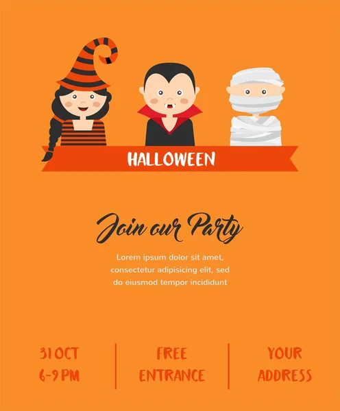楽しいハロウィンをお過ごし下さい。カラフルな衣装のかわいい漫画の子供たちとパーティーの招待状 — ストックベクタ