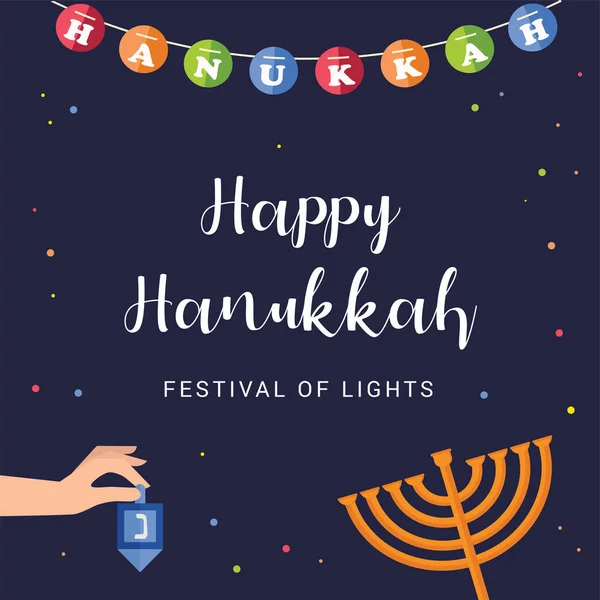 Feliz cartão de felicitações Hanukkah lettering. Cartaz festivo impressão tipográfica inscrição. Hanukkah fundo com padrão menorah dourado, candelabros tradicionais e velas Vector ilustração do vintage. — Vetor de Stock