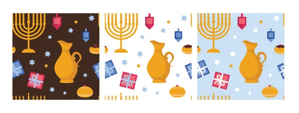 Hanukkah sömlöst mönster med menorah, dreidel, mynt, snöflingor, munkar, bågar och judisk stjärna. Perfekt för tapeter, presentpapper, mönster fyllningar, textil, Hanukkah gratulationskort — Stock vektor