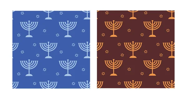 Férias judaicas Hanukkah padrão sem costura com padrão menorah tradicional, candelabros tradicionais e velas. símbolo tradicional Hanukkah em um fundo azul escuro e marrom. — Vetor de Stock