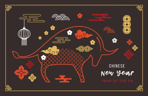 Año nuevo chino 2021, año del buey. Símbolo del zodiaco chino. feliz año nuevo chino banner y tarjeta de felicitación con adorno tradicional y fondo oriental. Feliz año nuevo. Traducción Feliz Nuevo — Archivo Imágenes Vectoriales