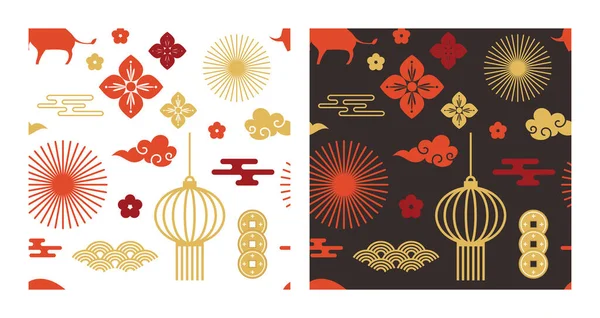 Chinese abstracte naadloze patroon vector. Illustratie van traditionele ornamenten en oosterse achtergrond. Gelukkig nieuwjaar, jaar van de os. oriëntaalse achtergrond voor Nieuwjaar — Stockvector