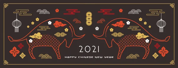 Año nuevo chino 2021, año del buey. Símbolo del zodiaco chino. feliz año nuevo chino banner y tarjeta de felicitación con adorno tradicional y fondo oriental. Feliz año nuevo. Traducción Feliz Nuevo — Archivo Imágenes Vectoriales