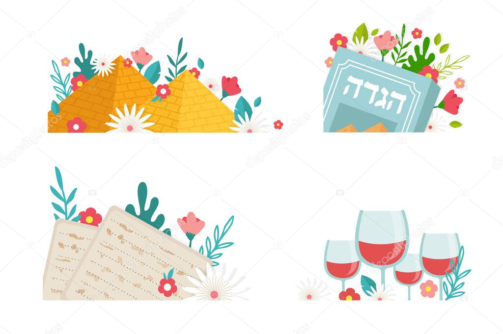 Pesah celebration greeting icons, Jewish Passover holiday. Greeting cards with traditional icons, four wine glasses, Matzah and spring flowers. vector illustration