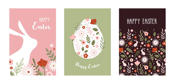 Happy Easter. Greeting cards or posters with bunny, spring flowers and Easter egg. Egg hunt poster template. Spring background. vector illustration
