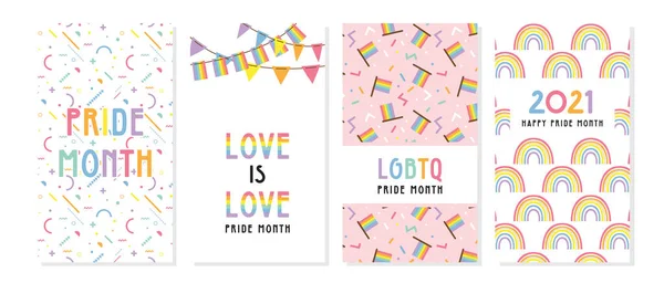 HBTQ Pride Month i juni affischer och webbmallar. Lesbisk Gay Bisexuell Transgender. Firas varje år stolthet månad. HBTQ flaggor, Rainbow och kärlek koncept. Mänskliga rättigheter och tolerans. Affisch, kort — Stock vektor