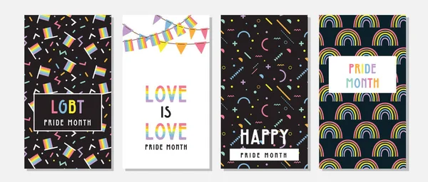 LGBT Pride Month im Juni Plakate und Web-Vorlagen. Lesben schwul bisexuell transgender. Jährlich stattfindender Stolz-Monat. LGBT-Flaggen, Regenbogen und Liebe. Menschenrechte und Toleranz. Plakat, Karte — Stockvektor