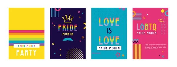 LGBT Pride Month im Juni Plakate und Web-Vorlagen. Lesben schwul bisexuell transgender. Jährlich stattfindender Stolz-Monat. LGBT-Flaggen, Regenbogen und Liebe. Menschenrechte und Toleranz. Plakat, Karte — Stockvektor