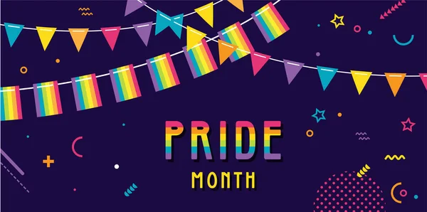 LGBT Pride Month im Juni Plakat und Banner. Lesben schwul bisexuell transgender. Jährlich stattfindender Stolz-Monat. LGBT-Flaggen, Regenbogen und Liebe. Menschenrechte und Toleranz. Plakat, Karte, Banner und — Stockvektor