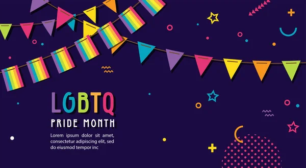 LGBT Pride Month im Juni Plakat und Banner. Lesben schwul bisexuell transgender. Jährlich stattfindender Stolz-Monat. LGBT-Flaggen, Regenbogen und Liebe. Menschenrechte und Toleranz. Plakat, Karte, Banner und — Stockvektor