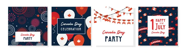 1 luglio. Happy Canada Day set di biglietti di auguri. Bandiera di celebrazione con palloncini volanti nei colori della bandiera canadese. — Vettoriale Stock