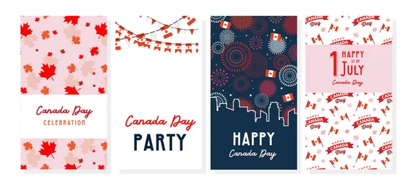 Happy Canada Day plakát a webové šablony set. 1. červenec. Vektorové ilustrační pohlednice. Kanada Maple listy a vlajky, Den nezávislosti oslavy — Stockový vektor