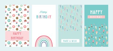 Doğum günü tebrik kartı setin ve parti davetiye şablonların kutlu olsun. Dondurma, çörek ve kek kalıplarıyla. Doğum günü tatlıları ve ikramlar. vektör illüstrasyonu