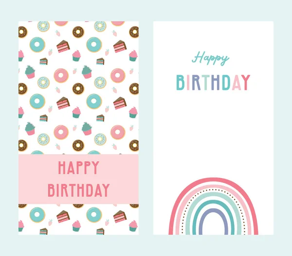 Conjunto de tarjetas de felicitación de feliz cumpleaños y plantillas de invitación para fiestas, con helados, rosquillas y panecillos. dulces y golosinas de cumpleaños. ilustración vectorial — Archivo Imágenes Vectoriales