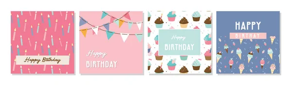 생일 축하 카드 세트와 파티에 초대 형 템플릿 과 아이스크림, 도넛, 머핀 패턴을 준비하 세요. 생일 사탕 이랑 사탕이요. 벡터 일러스트 — 스톡 벡터