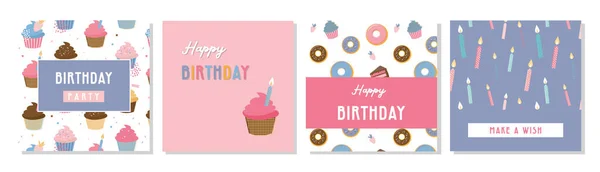 Conjunto de tarjetas de felicitación de feliz cumpleaños y plantillas de invitación para fiestas, con helados, rosquillas y panecillos. dulces y golosinas de cumpleaños. ilustración vectorial — Archivo Imágenes Vectoriales