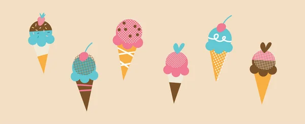 Lezzetli dondurmalar. Tatlı yaz dondurmaları, farklı lezzetlerde dondurmalar, izole edilmiş dondurma külahları ve farklı soslu buzlu dondurma. Web ve tasarım için vektör illüstrasyonu — Stok Vektör