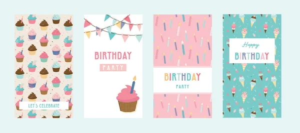 Conjunto de tarjetas de felicitación de feliz cumpleaños y plantillas de invitación para fiestas, con helados, rosquillas y panecillos. dulces y golosinas de cumpleaños. ilustración vectorial — Archivo Imágenes Vectoriales