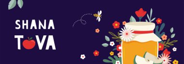 Yahudi yeni yılı, Rosh hashanah, bayrağı geleneksel sembollerle, çiçeklerle ve yapraklarla selamlıyor. Mutlu yıllar, İbranice Shana Tova. vektör illüstrasyonu