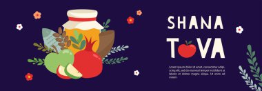 Yahudi yeni yılı, Rosh hashanah, geleneksel simgeli tebrik kartı afişi. Mutlu yıllar, İbranice shana tova. Elma, bal, çiçekler ve yapraklar, Yahudi Yeni Yıl sembolleri ve ikonları. Vektör