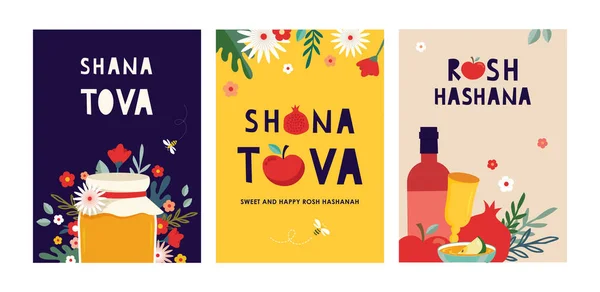 Ano novo judaico, rosh hashanah, cartão de saudação conjunto com ícones tradicionais. Feliz Ano Novo. Maçã, mel, romã, flores e folhas, símbolos de Ano Novo judaico e ícones. Ilustração vetorial — Vetor de Stock