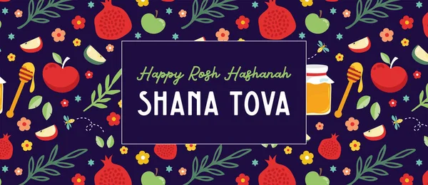 Jewish new year, rosh hashanah, greeting card banner with traditional icon pattern. Happy New Year, shana tova in hebrew. Apple, honey, flowers and leaves, Jewish New Year symbols and icons. Vector — Stock vektor