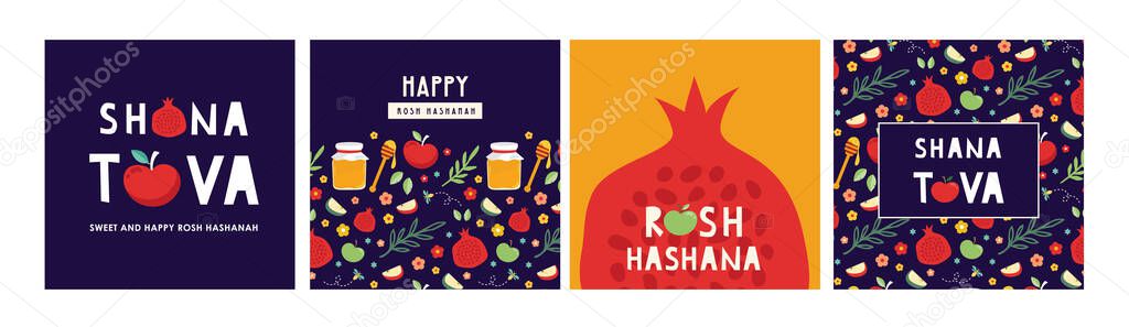 jewish new year, rosh hashanah, greeting card set with traditional icons. Happy New Year. Apple, honey, pomegranate, flowers and leaves, Jewish New Year symbols and icons. Vector illustration