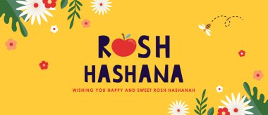 Yahudi yeni yılı, Rosh hashanah, bayrağı geleneksel sembollerle, çiçeklerle ve yapraklarla selamlıyor. Mutlu yıllar, İbranice Shana Tova. vektör çizimi