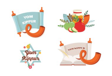 Tevrat ve Shofar 'ın dini tasviri, Yahudi boynuzu, bayram bayramı Yom Kippur' un sembolleri. Yahudi dini sembolleri. Rosh hashanah, Yahudi Yeni Yıl tatili, Şabat ve Yom kippur konsepti. vektör