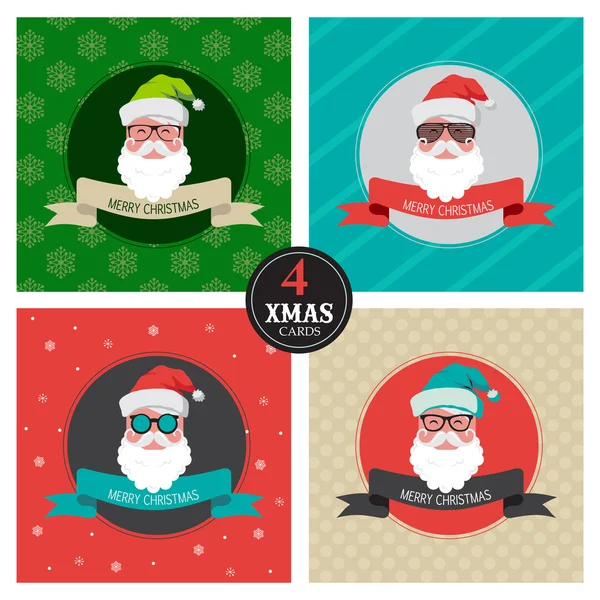 Cuatro tarjetas de Navidad con hipster santa — Vector de stock