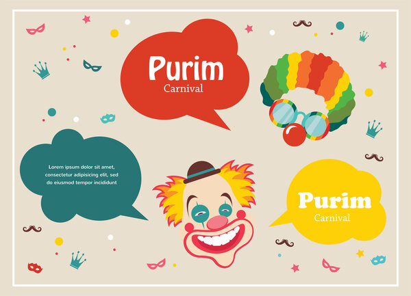 Card for Jewish holiday Purim with clown and speech bubbles