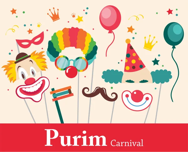 Yahudi bayramı için maskeli ve geleneksel aksesuarlı Purim tasarımı. Vektör illüstrasyonu