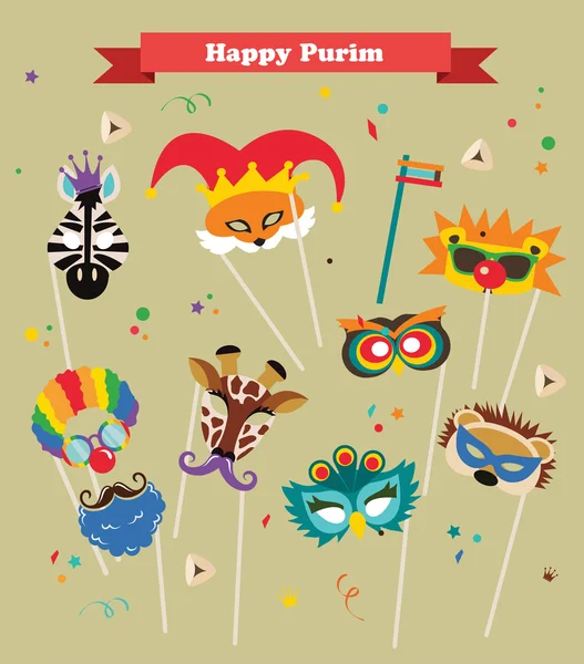 Yahudi bayramı için maskeli ve geleneksel aksesuarlı Purim tasarımı. Vektör illüstrasyonu