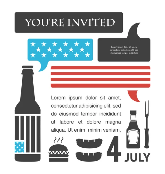 BBQ party invitation. United States flag in speech bubble. July 4th, America — Wektor stockowy