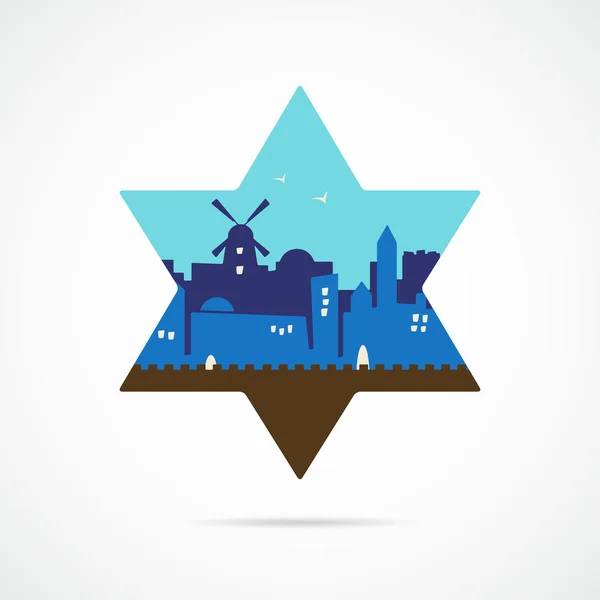 Jerusalén Israel skyline silueta plano diseño dentro david estrella — Vector de stock