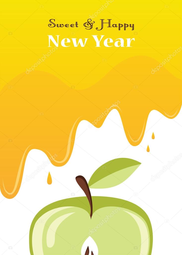 honey drips over an apple. Rosh hashanah card