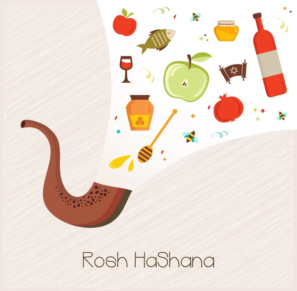 Shofar, horn, med uppsättning ikoner över texturerat bakgrund. Rosh Hashana, judiska högtiden. traditionell semester symbol. — Stock vektor