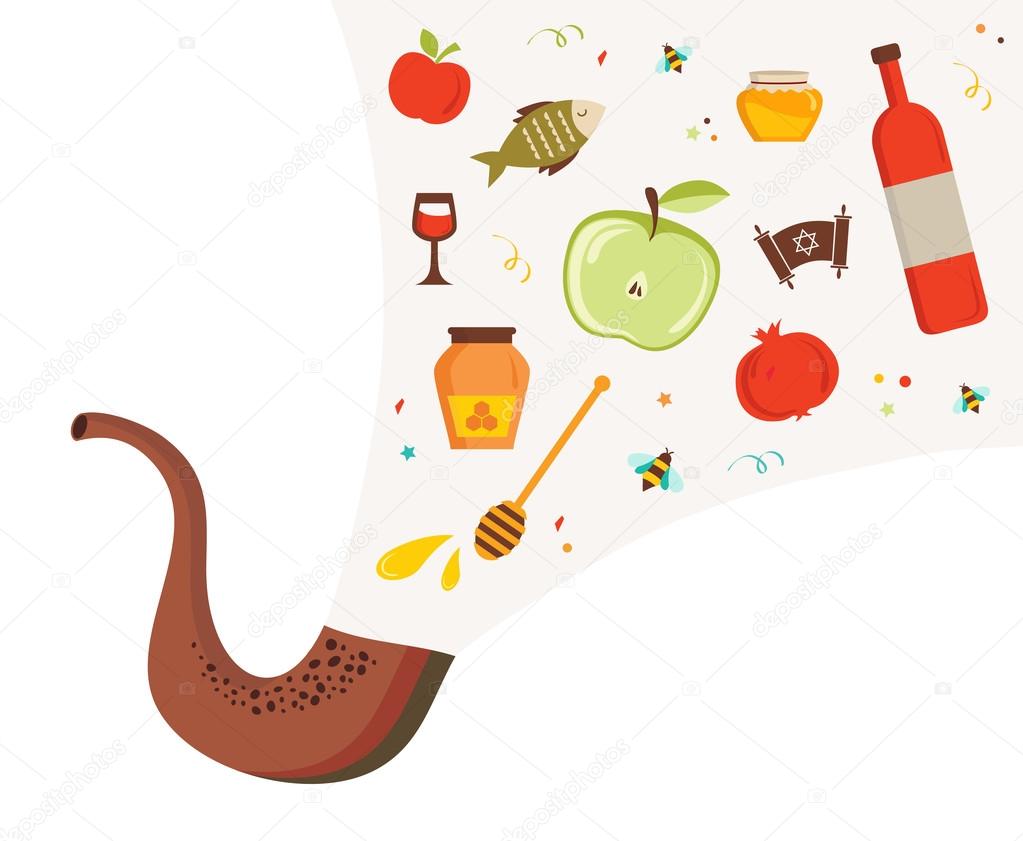 shofar ,horn, with set of icons over textured background. rosh hashanah, jewish holiday . traditional holiday symbol. 