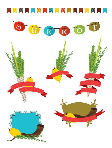 Coleção sukkot - quatro símbolos de férias judaicas Sukkot com decorações sukkah — Vetor de Stock