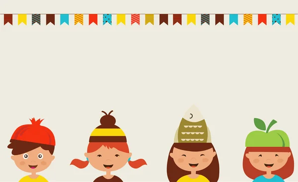 Invitación para fiesta de disfraces. Niños con sombreros diferentes — Vector de stock