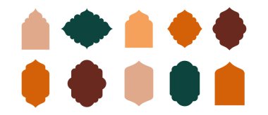 Doğrusal İslami pencere koleksiyonu, cami kapıları, çerçeveler ve kemerler. Ramazan Kareem ve Kurban Bayramı için minimum altın sarısı Arap stili elementler.