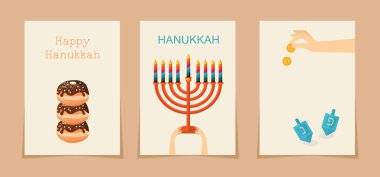Jewish holiday hanukkah three cards . Hebrew letters on a Hanukkah dreidel, which stand for the phrase, A great miracle happened here clipart